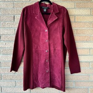 Women’s Vintage Y2K Style Maroon Suede Leather & Knit Sleeve Midi Jacket Size L